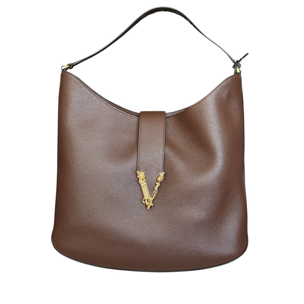 Versace Virtus Hobo Bag Brown Grained Leather Gold Barocco V Logo Shoulder Bag